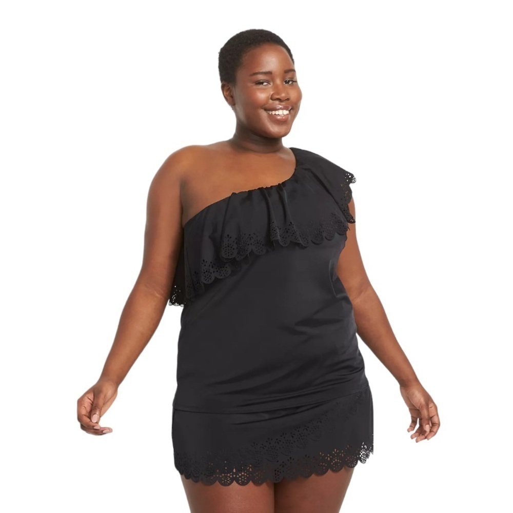 Lane Bryant No-Wire Relaxed Laser Cut One-Shoulder Ruffle Tankini Top Black- 28